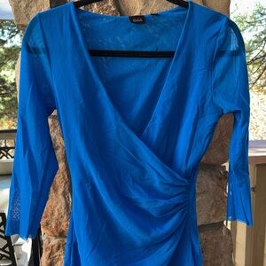 Saks Fifth Avenue Black Label M Royal Blue 3/4 Sleeve Mesh V-Neck Wrap Top